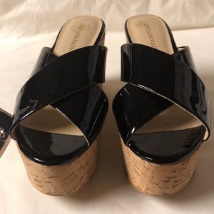 Dominique Black Patent Leather Platform Wedge Cork Sandals